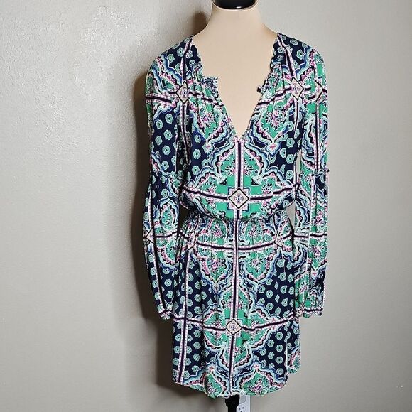 Crown & Ivy Tile Patterned Blue and Green Long Sleeve Blouson Peasant Dress - Picture 1 of 8
